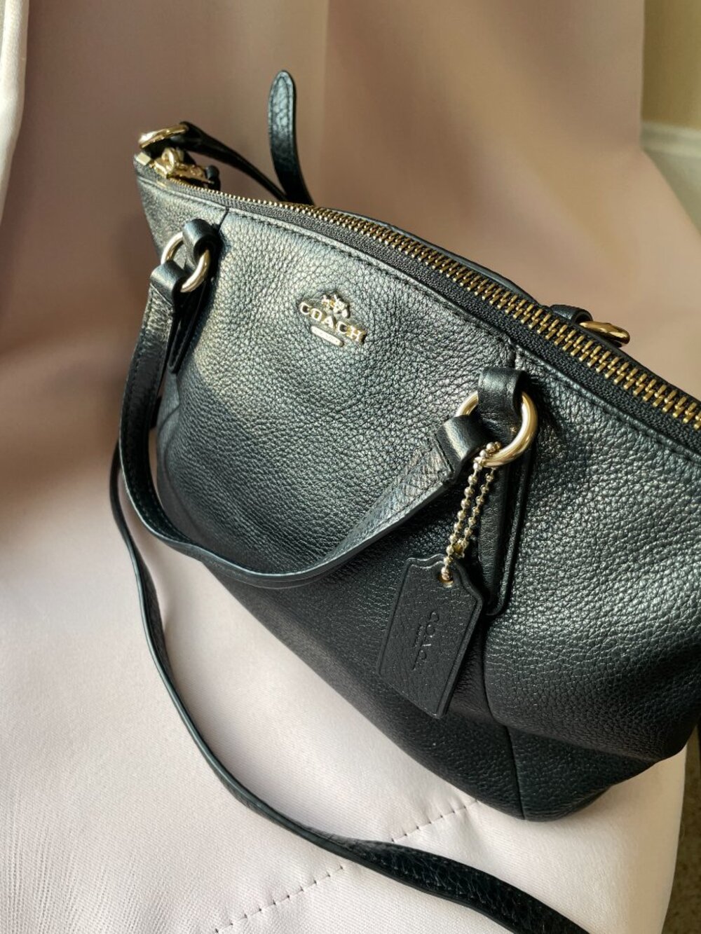 Coach - Small Kelsey Satchel in Black Pebble Leather Handbag - Picture 5 of 12